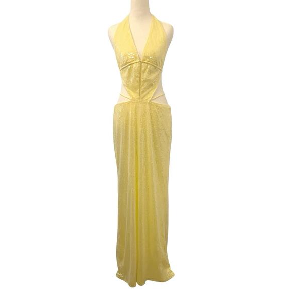 NWT Peppermayo Elara Sequin Maxi Dress Sz 8 Butter Yellow Open Back Prom Formal - Picture 1 of 15